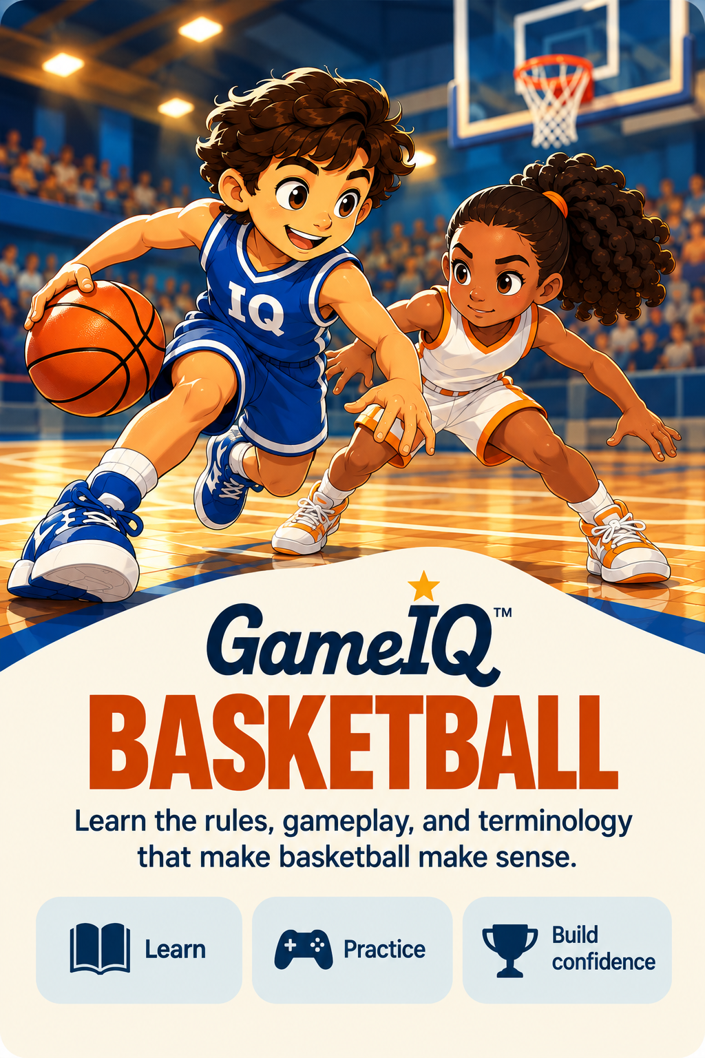 Game IQ: Basketball artwork showing two young players learning the game on a basketball court