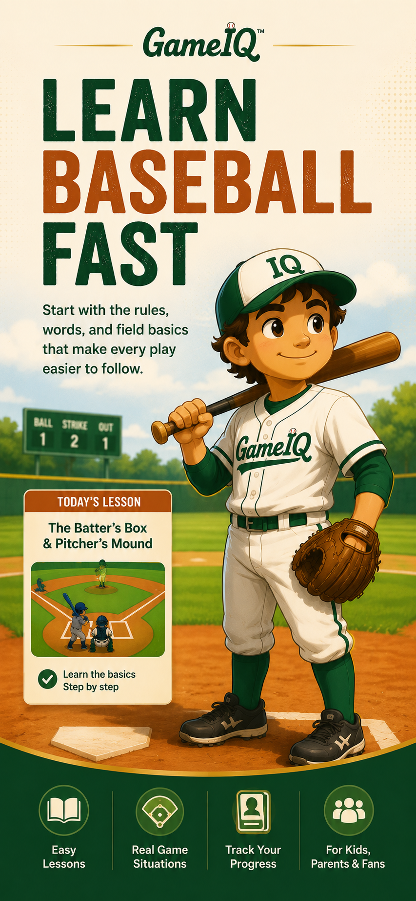 Game IQ learning view introducing baseball rules, field basics, and player roles