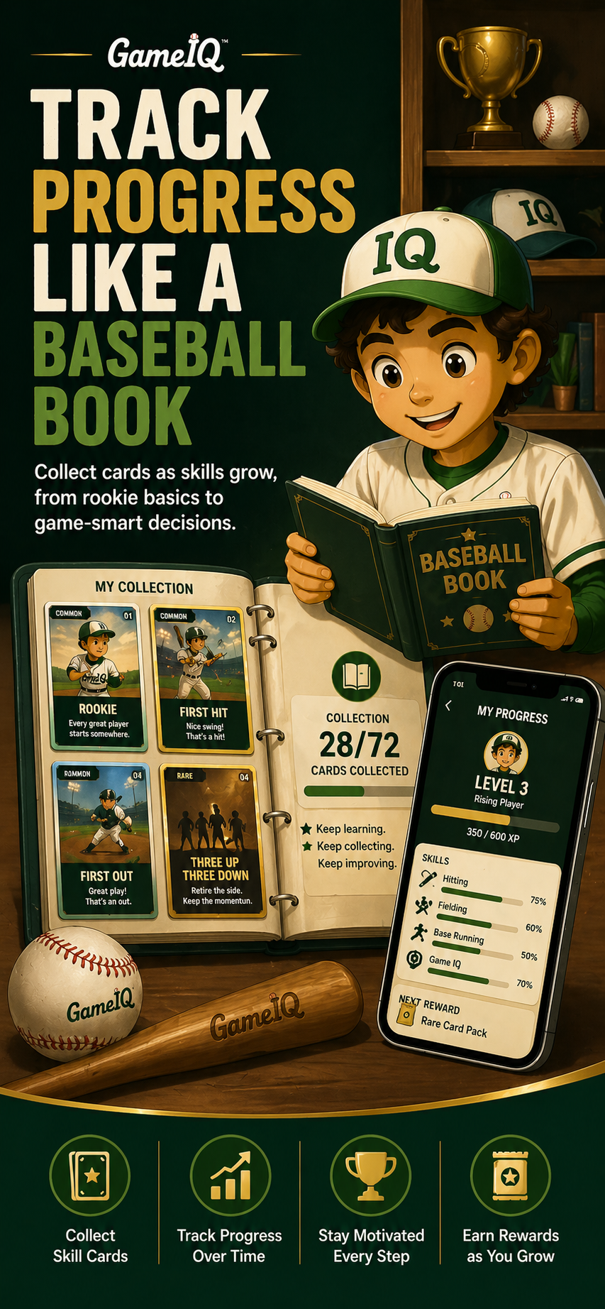 Game IQ progress view showing collectible skill cards and learning progress
