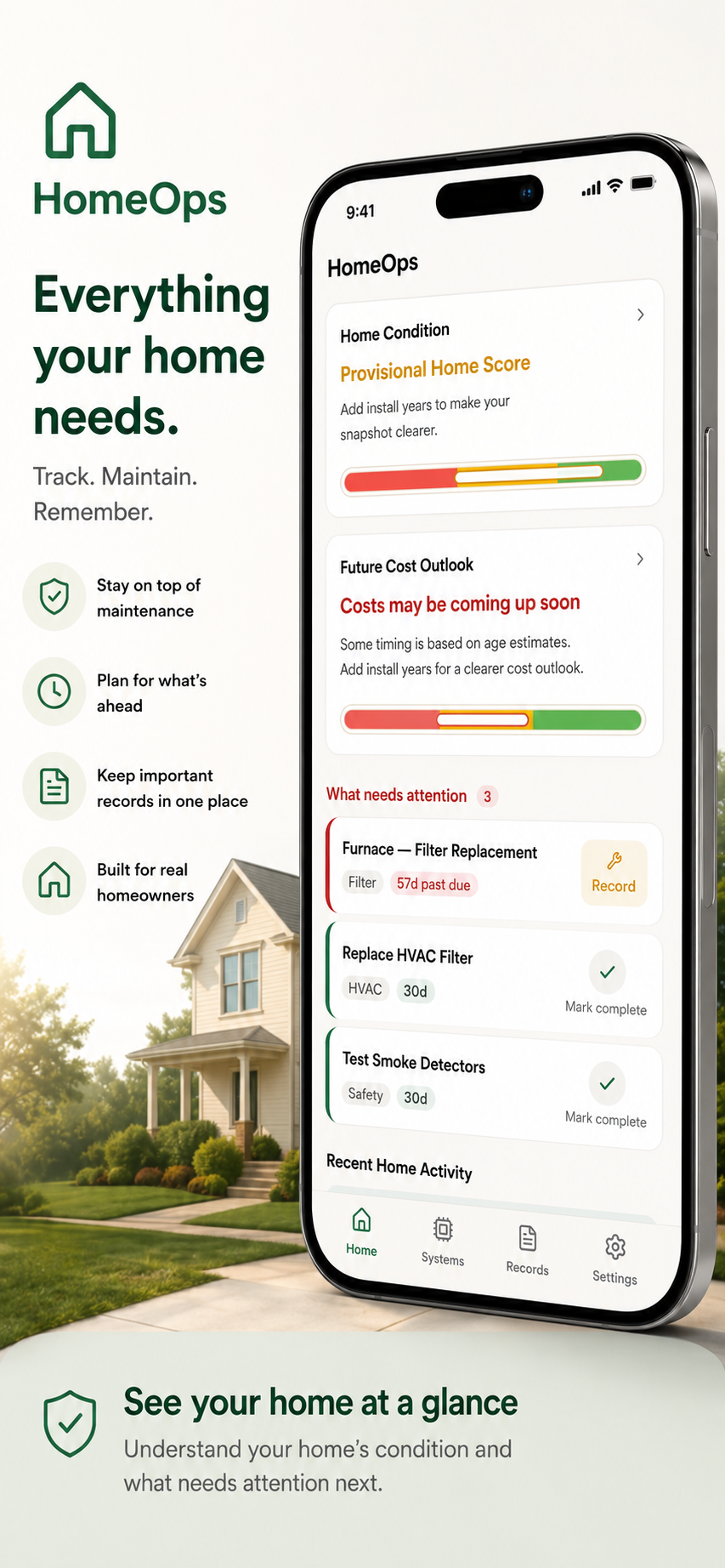 HomeOps dashboard showing home condition, future costs, tasks, and recent activity