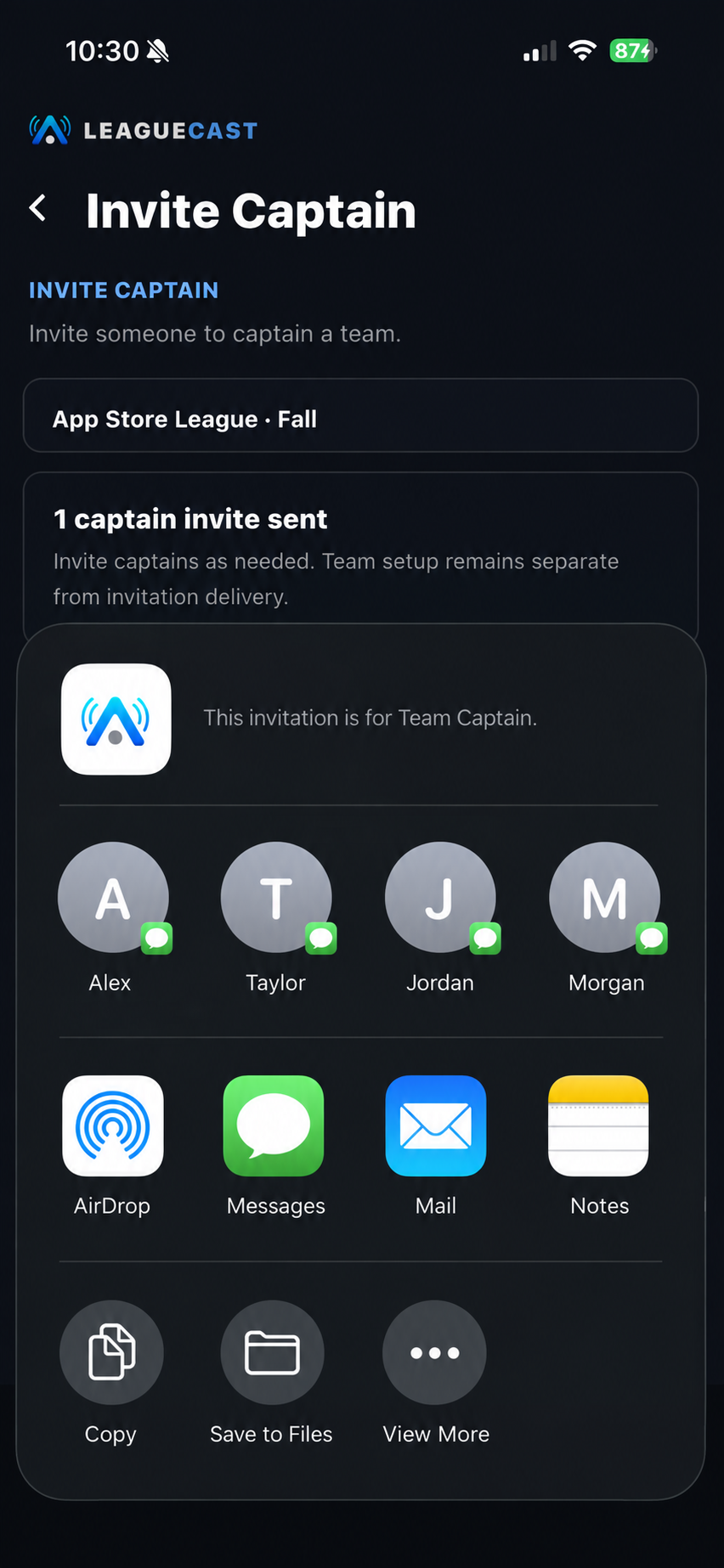 The LeagueCast app's Invite Captain screen, showing a captain invite ready to share by text, email, or AirDrop