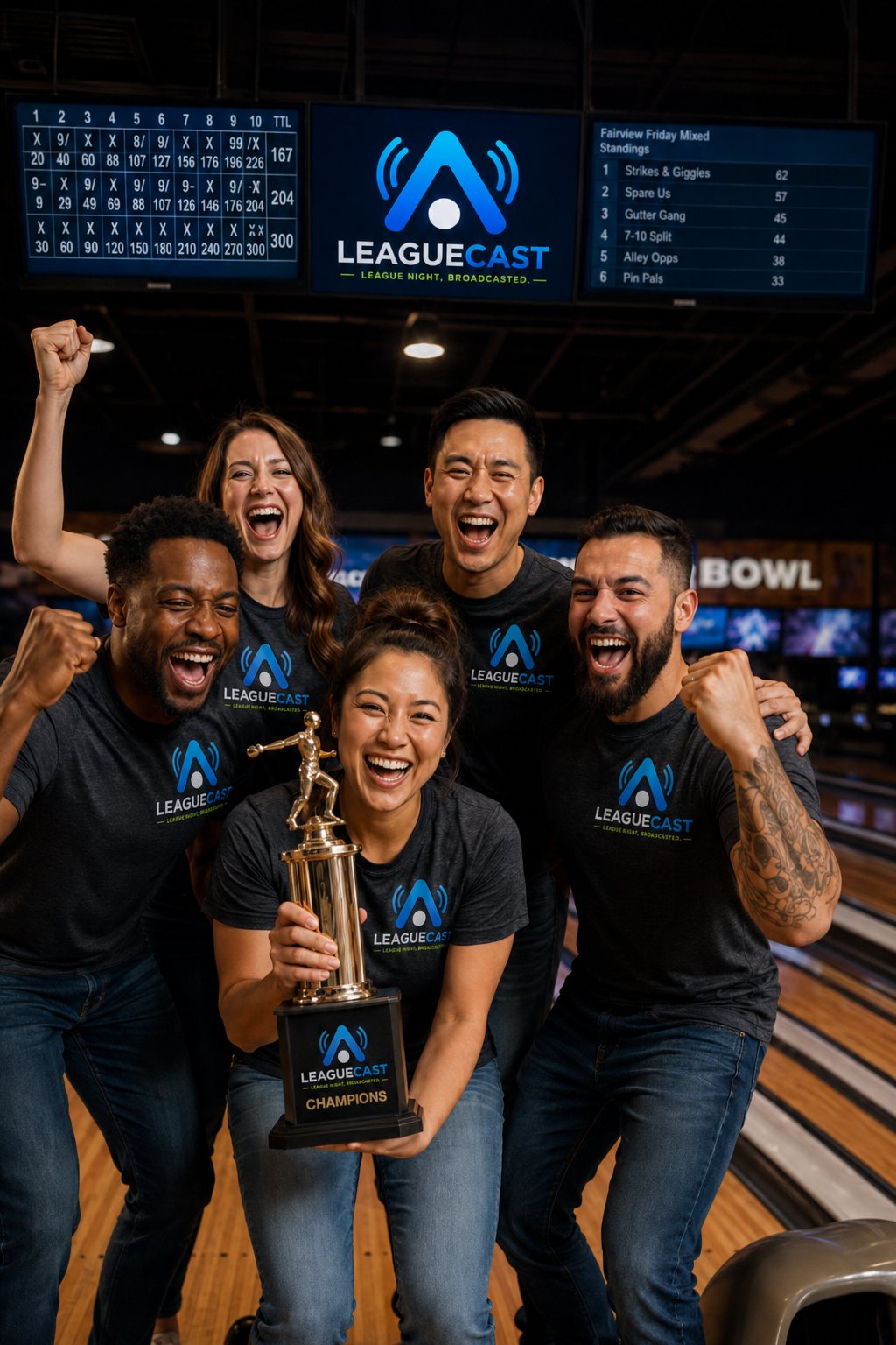A five-person bowling league team celebrating a championship win with a trophy, with live LeagueCast standings displayed on monitors above the lanes