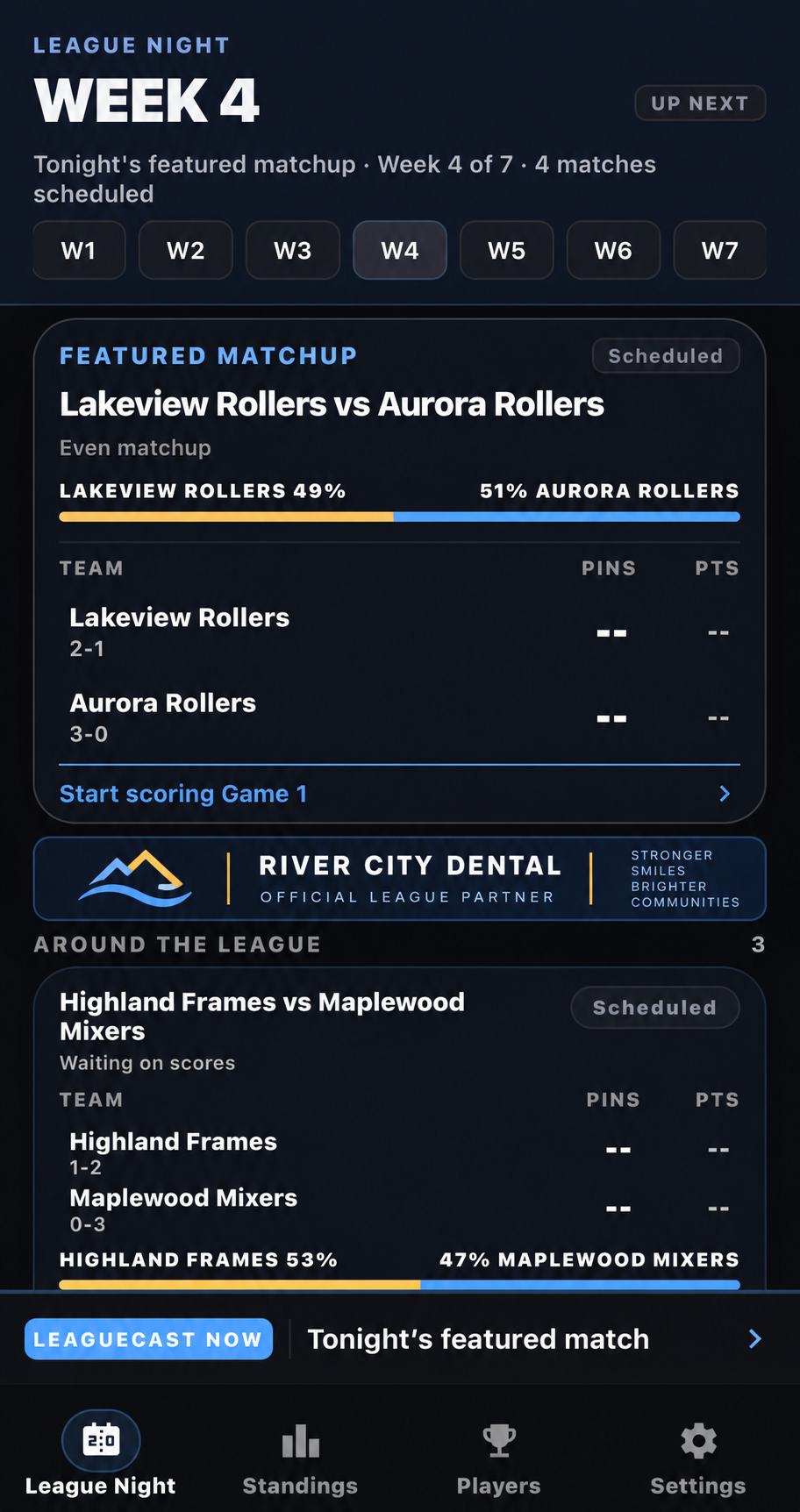 The LeagueCast app's League Night screen for Week 4, showing the featured matchup and a River City Dental sponsor banner