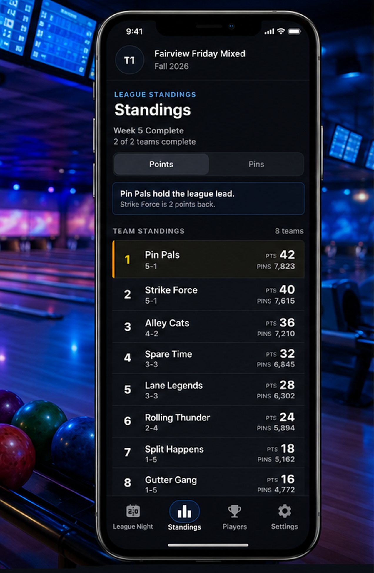 The LeagueCast app open on a phone at a bowling alley, showing live team standings for a recreational league