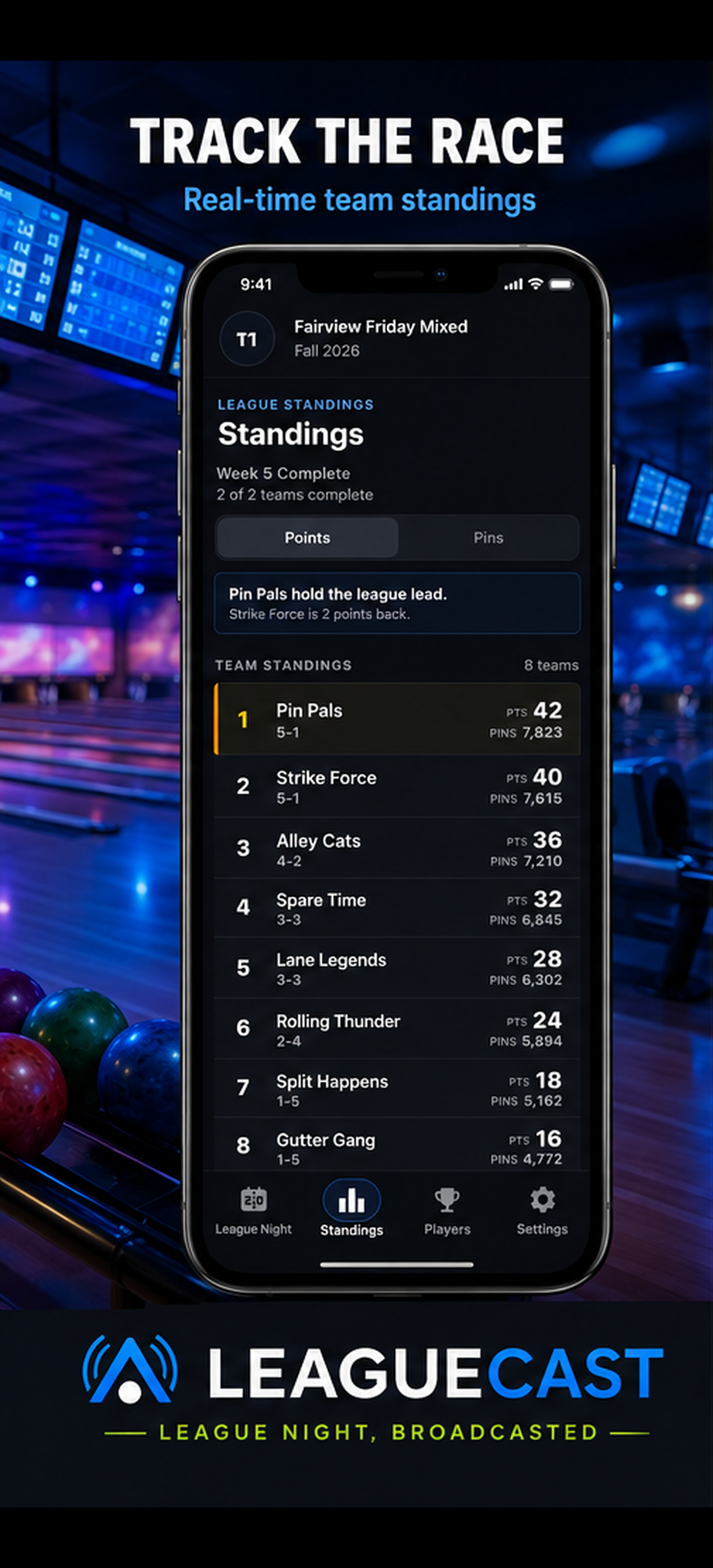 The LeagueCast app's Standings screen, showing live team standings with points and pins for a bowling league